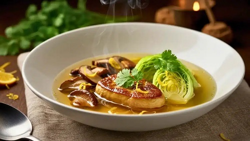 Alain A Bouillon de légumes au thé noir et foie gras poêlé